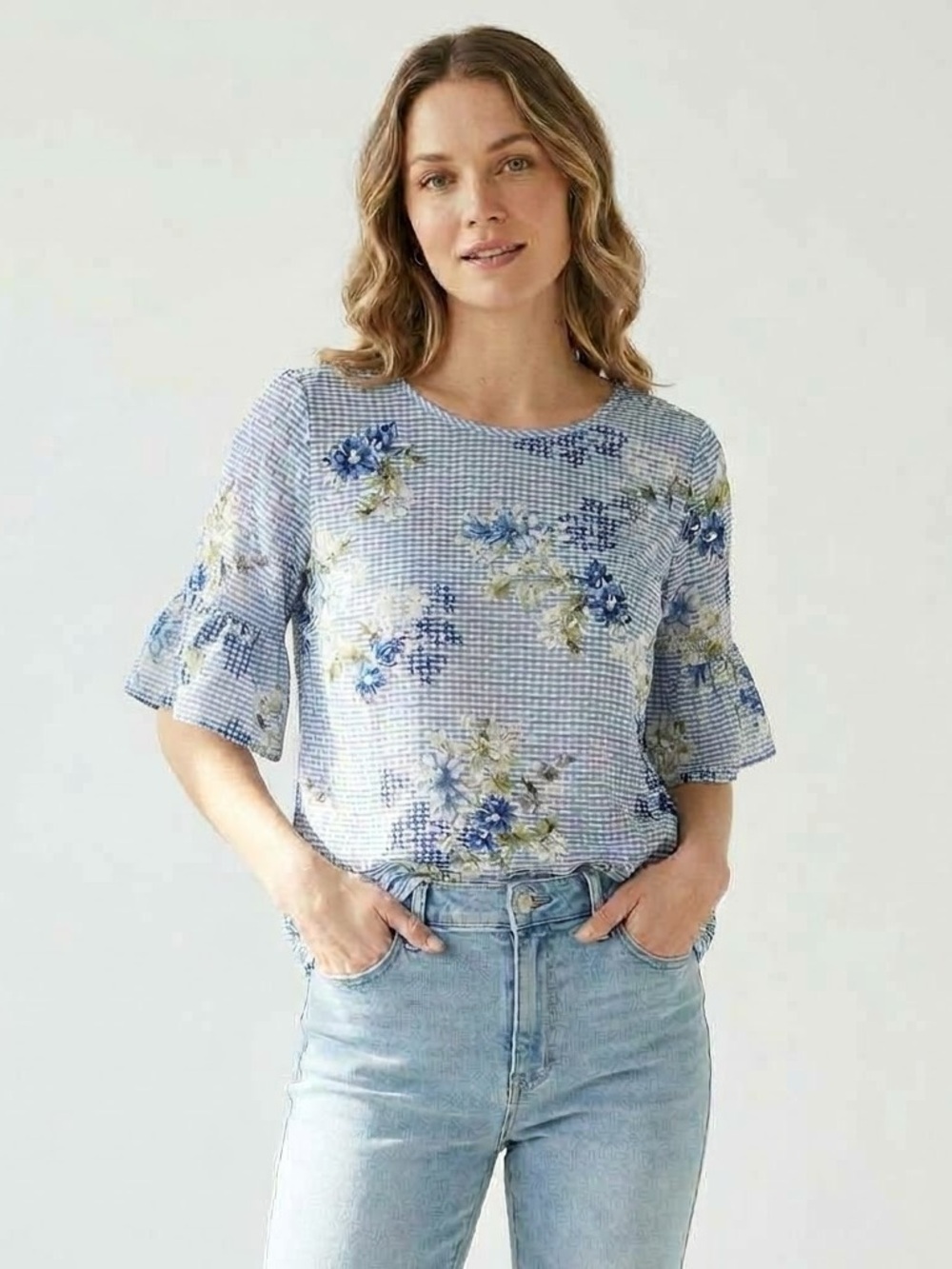 Northern Reflections Floral Gingham Clip-Dot Blouse M